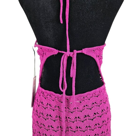 Womens 1X Crochet Halter Midi Bodycon Dress Tie Back In Magenta Sexy Beach - Picture 8 of 11